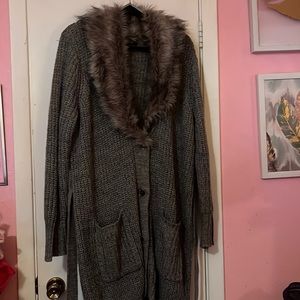 Faux Fur Collar Cardigan Sweater with belt